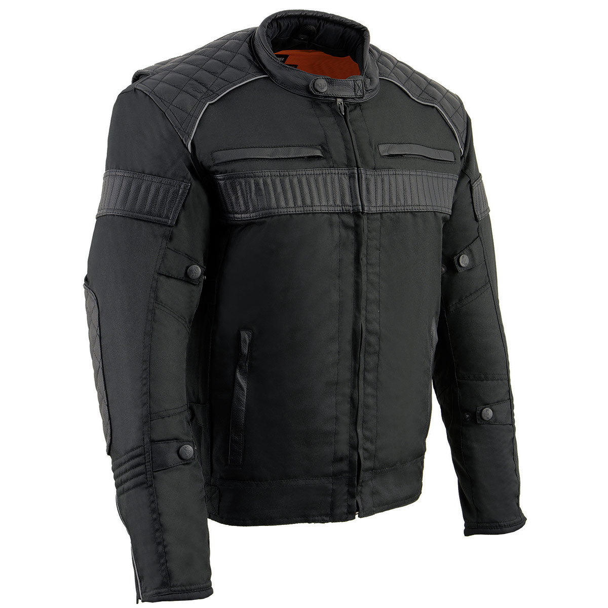 Milwaukee Leather men's black textile scooter jacket with leather trim, featuring a stylish collar and zippered front for riding comfort.