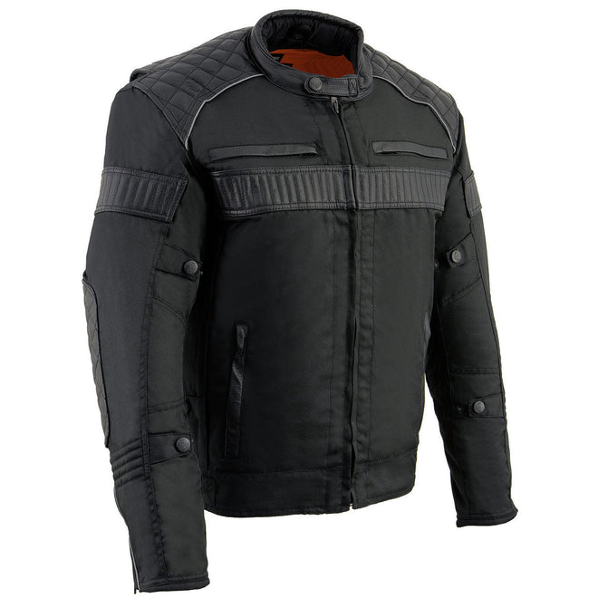 Milwaukee Leather men's black textile scooter jacket with leather trim, featuring a stylish collar and zippered front for riding comfort.