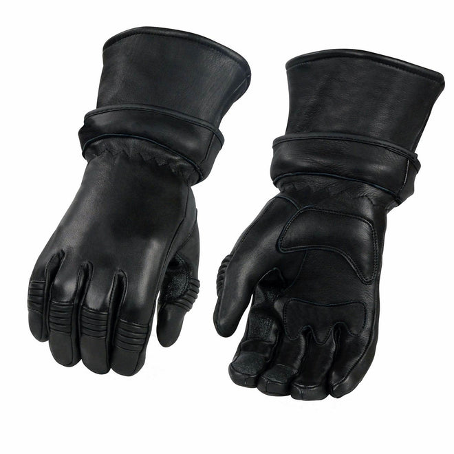 Milwaukee Leather men's long cuff thermal lined motorcycle gloves with deerskin, zip-off design, gel palms, and thermal insulation.
