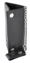 Milwaukee Leather men's black leather tri-fold wallet with steel chain, featuring multiple card slots and a classic long wallet design.