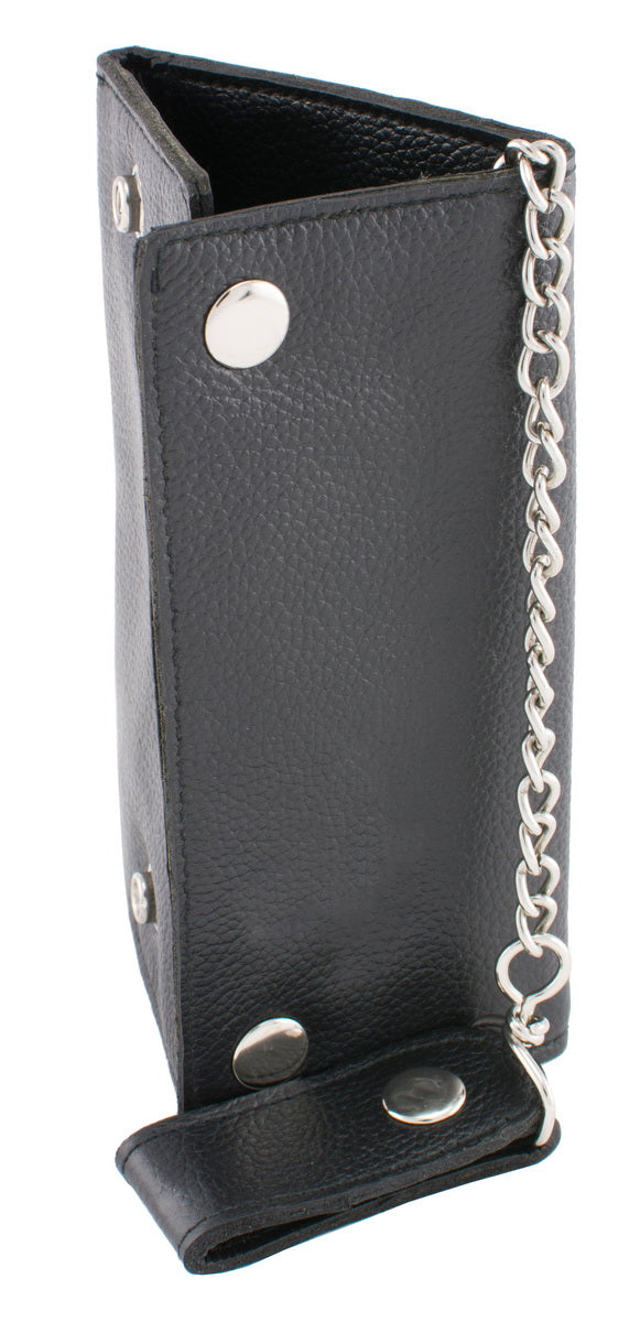 Milwaukee Leather men's black leather tri-fold wallet with steel chain, featuring multiple card slots and a classic long wallet design.