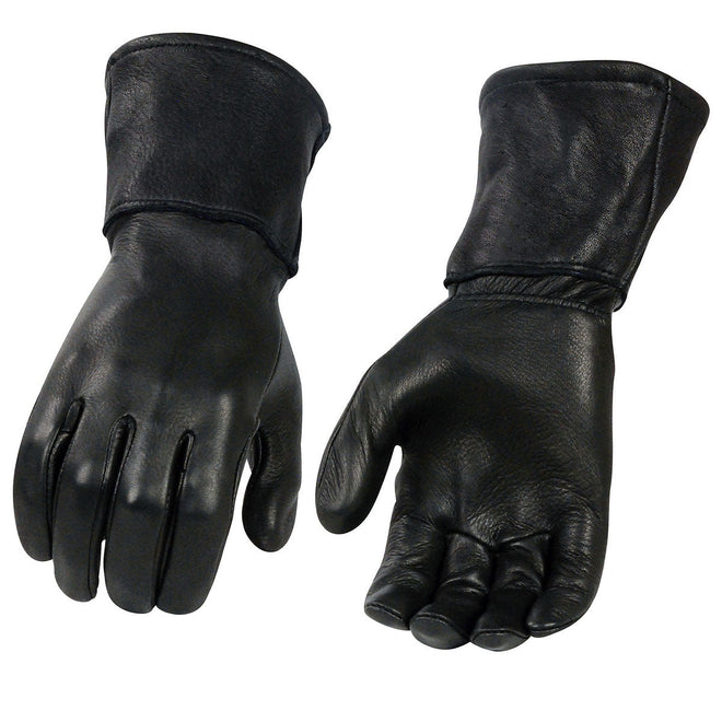 Milwaukee Leather G317 men's black deerskin motorcycle gloves with long cuffs, thermal lining, and leather palm for riding comfort.