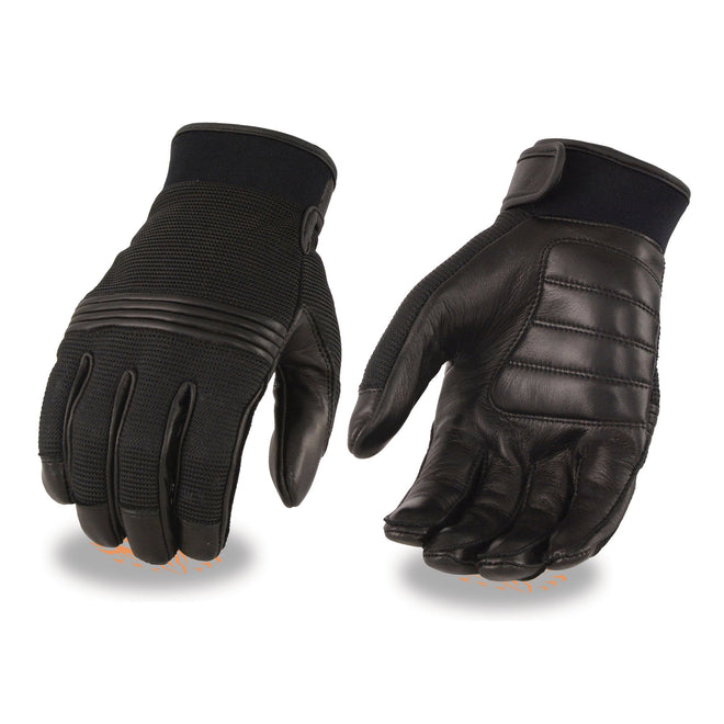 Milwaukee Leather men's black leather motorcycle gloves with mesh panels, gel palms, and rubberized flex knuckles for protection.