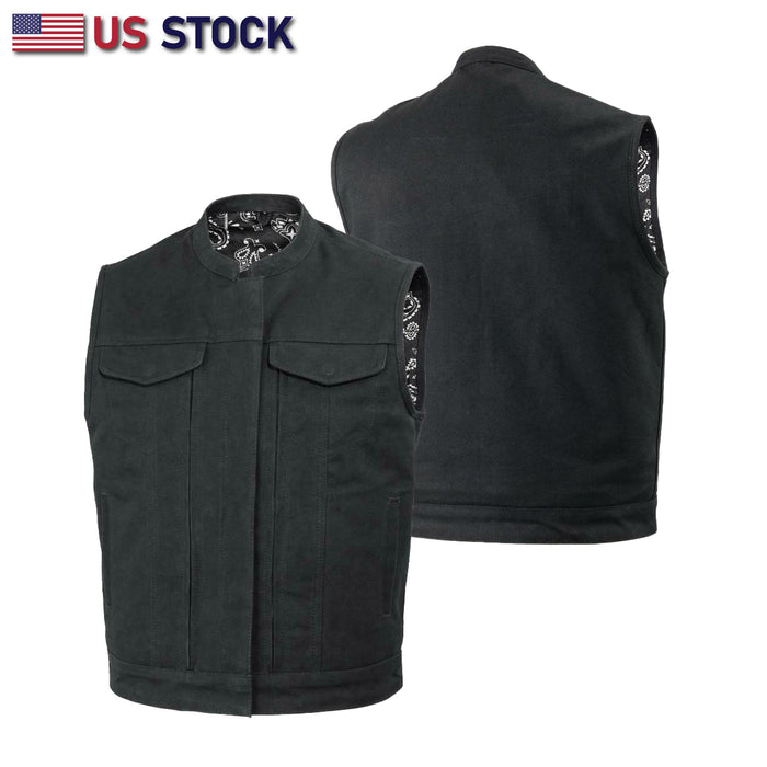 Buffalo Leather Gear Highland V2 men's motorcycle canvas vest with conceal carry pockets, rugged and durable for riding.