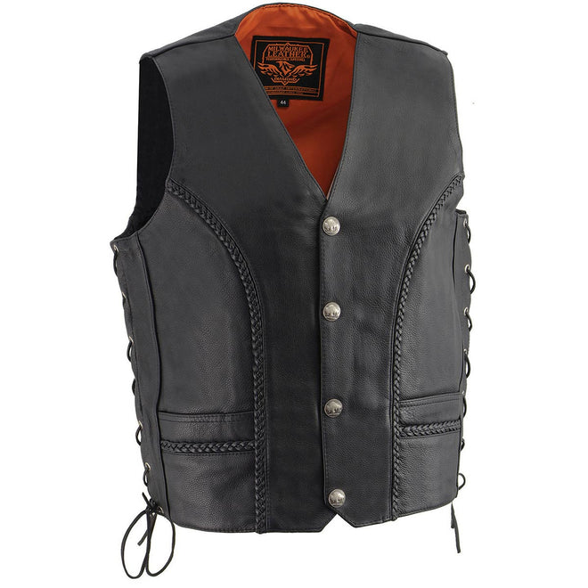 Men's black naked leather motorcycle rider vest by Milwaukee Leather with side laces and buffalo nickel snaps closure.