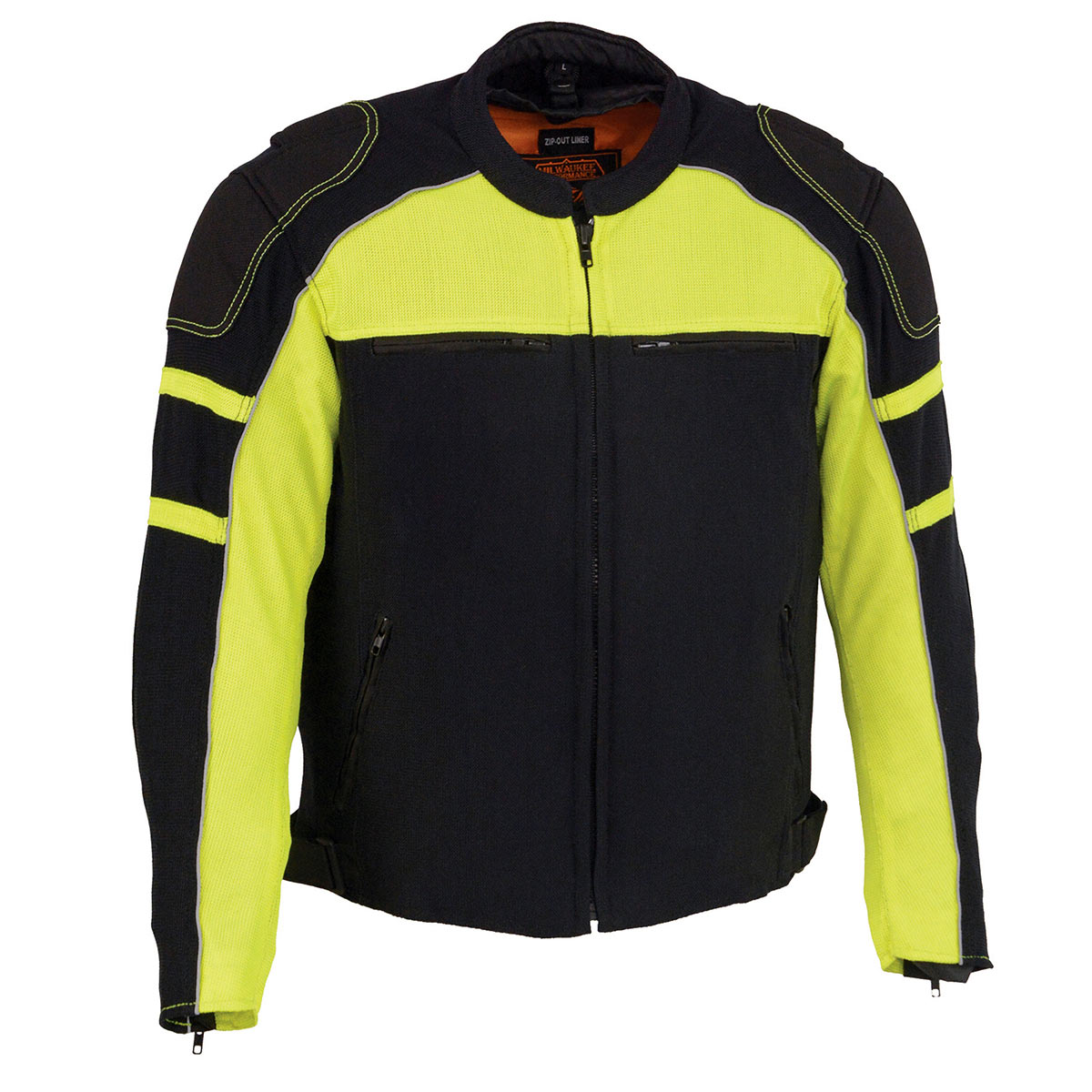 Milwaukee Leather men's black and neon green armored textile motorcycle riding jacket, showing protective padding and reflective details.