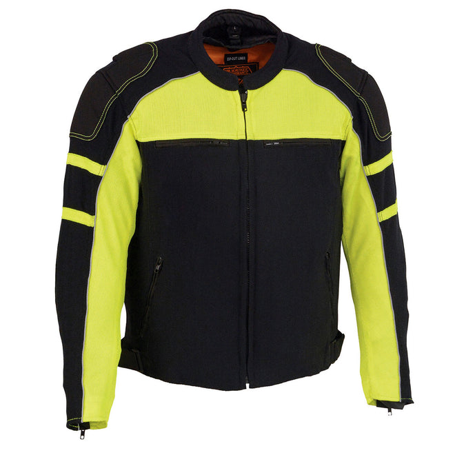 Milwaukee Leather men's black and neon green armored textile motorcycle riding jacket, showing protective padding and reflective details.