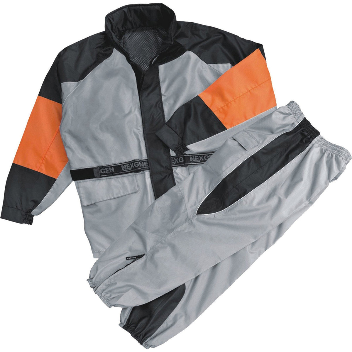 Men wearing Milwaukee Leather NexGen SH2217 orange and silver water-resistant Oxford rain suit, designed for weather protection.
