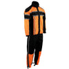 Men wearing Milwaukee Leather orange and black water-resistant rain suit with reflective tape, suitable for wet weather conditions