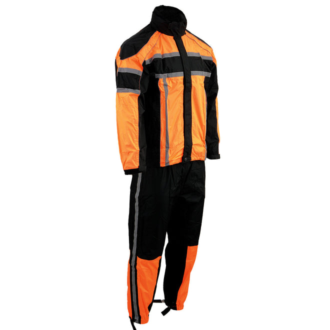 Men wearing Milwaukee Leather orange and black water-resistant rain suit with reflective tape, suitable for wet weather conditions