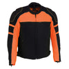 Milwaukee Leather men's black and orange textile motorcycle riding jacket with armored protection and reflective details.