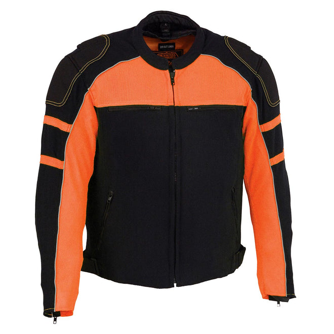 Milwaukee Leather men's black and orange textile motorcycle riding jacket with armored protection and reflective details.