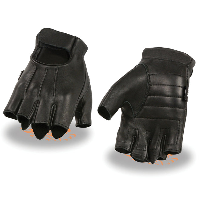 Milwaukee Leather men's black leather motorcycle gloves with gel padding, fingerless design, and genuine USA deerskin welted construction.