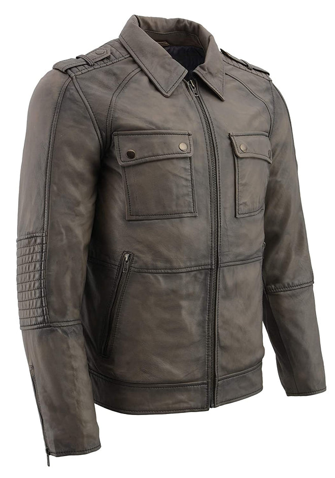 Milwaukee Leather men's anthracite lambskin leather jacket with patch pockets, stylish and durable men's jacket for casual wear.