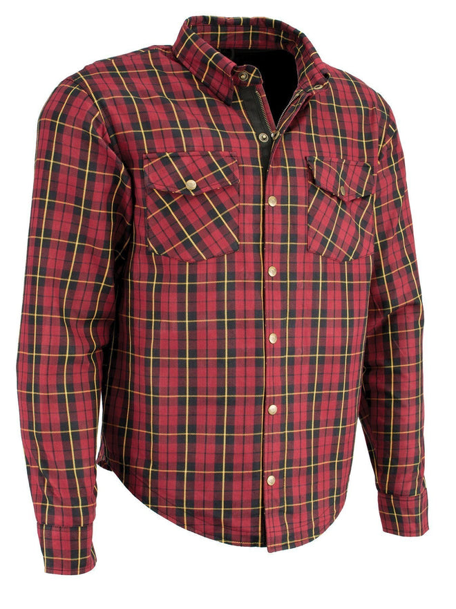 Milwaukee Leather men's plaid flannel biker shirt with reinforced Aramid fiber, CE-approved armor, and casual textile clothing style.