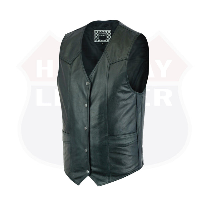 Men’s Buffalo Nickel Snaps plain close sides basic leather vest by Buffalo Leather Gear, featuring a simple design and smooth leather finish.