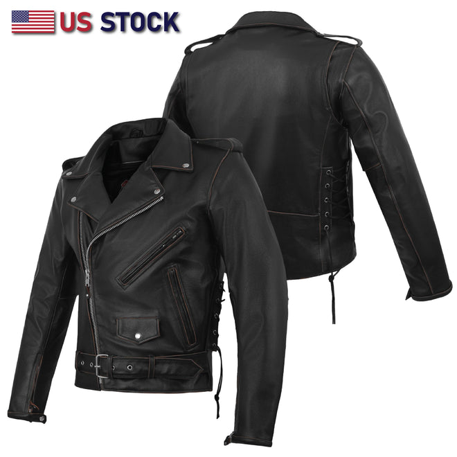 Buffalo Leather Gear men's police style motorcycle leather jacket in buff brown with rugged old school design.
