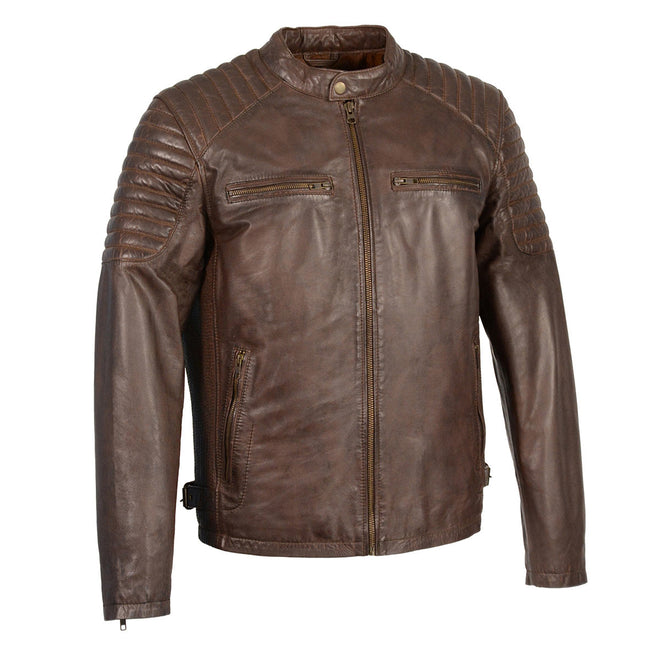 Milwaukee Leather men's quilted brown leather fashion jacket with snap button collar, stylish men's jacket for casual wear.