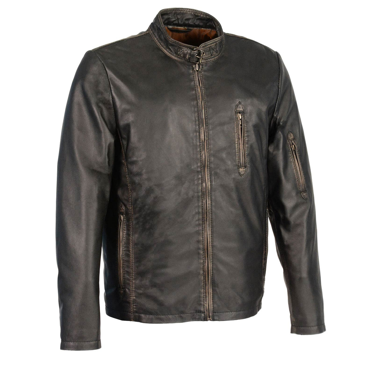 Milwaukee Leather men's black and brown leather moto racer jacket with throat latch, featuring stylish design and premium craftsmanship.
