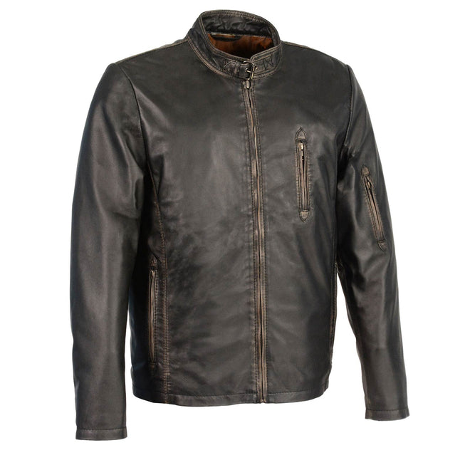 Milwaukee Leather men's black and brown leather moto racer jacket with throat latch, featuring stylish design and premium craftsmanship.