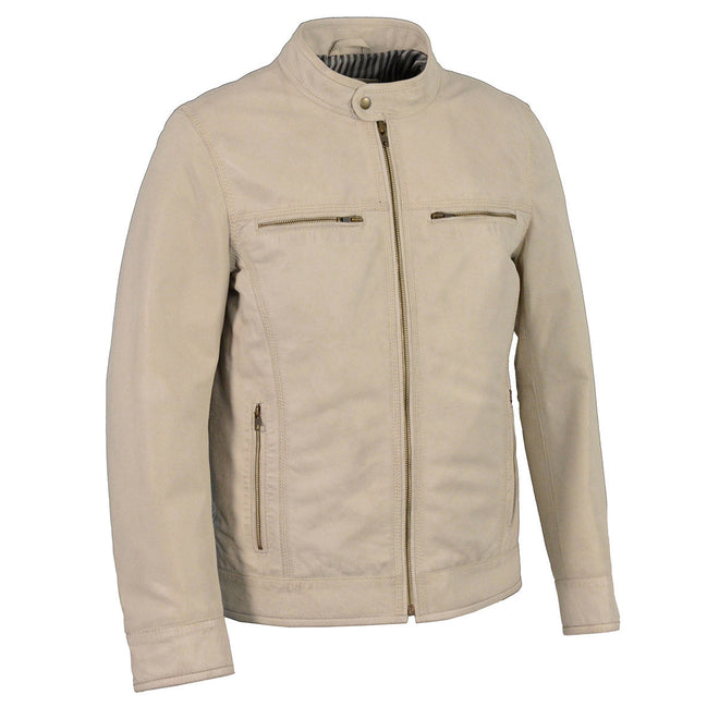 Milwaukee Leather men's linen cafe racer leather jacket with front zipper closure, stylish men's jacket for casual wear.