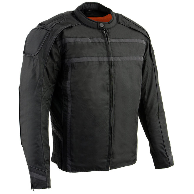 Milwaukee Leather men's black vented textile jacket with reflective stripes, featuring a comfortable fit and secure zipper closure.