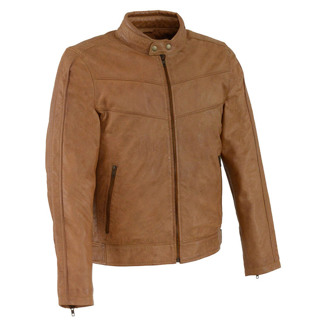 Milwaukee Leather men's Saddle ‘Cafe Racer’ leather jacket with snap button collar, featuring classic motorcycle style and durable leather.