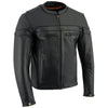 Milwaukee Leather men's black sporty crossover scooter style motorcycle jacket with reflective piping and rugged leather construction.
