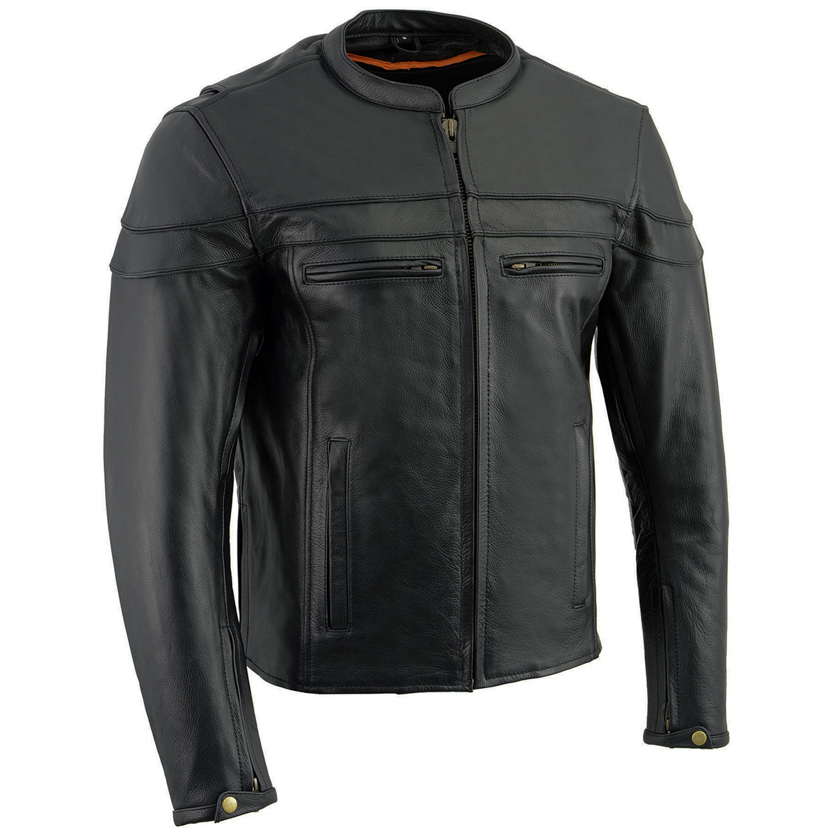 Milwaukee Leather men's black sporty crossover scooter style motorcycle jacket with reflective piping and rugged leather construction.