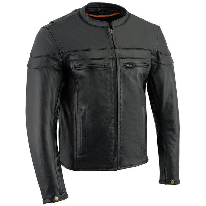 Milwaukee Leather men's black sporty crossover scooter style motorcycle jacket with reflective piping and rugged leather construction.