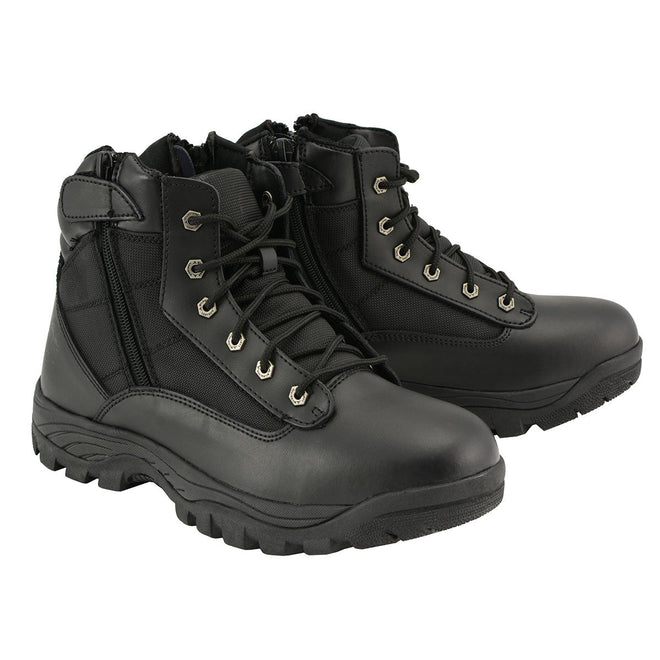 Milwaukee Leather men's black leather tactical boots with side zipper, 6-inch lace-up design, durable and stylish footwear.