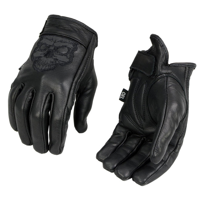 Milwaukee Leather men's black leather motorcycle gloves with reflective skull design and gel-padded palms.