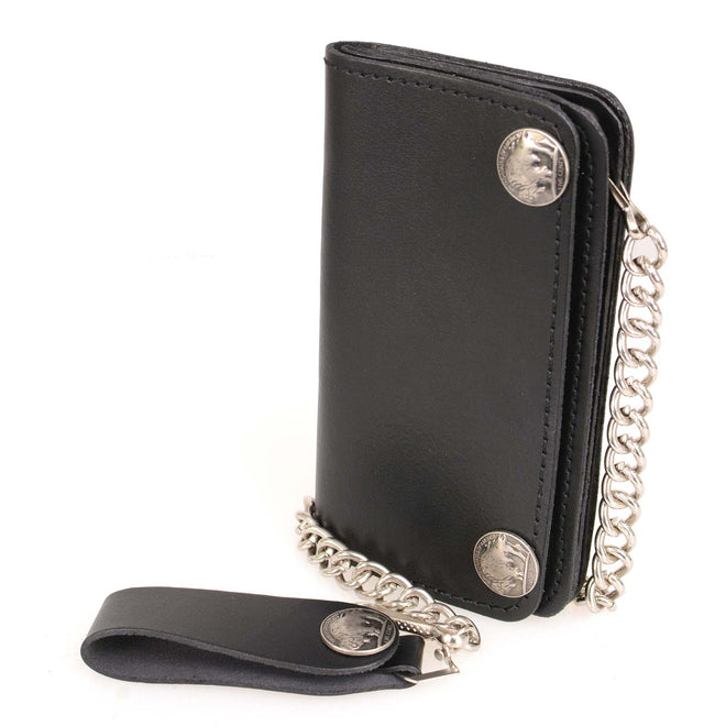 Milwaukee Leather men's 6-inch leather bi-fold biker wallet with stainless steel anti-theft chain and buffalo nickel snaps.