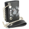 Milwaukee Leather men's 4-inch leather Lone Wolf tri-fold wallet with anti-theft stainless steel chain on a man’s hand.