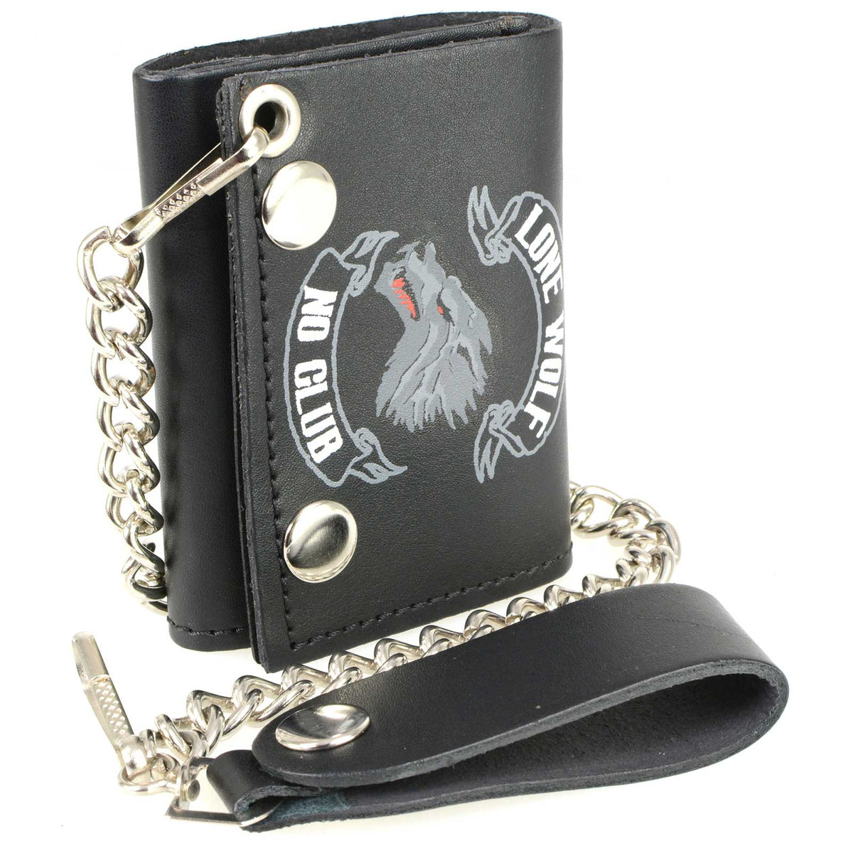 Milwaukee Leather men's 4-inch leather Lone Wolf tri-fold wallet with anti-theft stainless steel chain on a man’s hand.