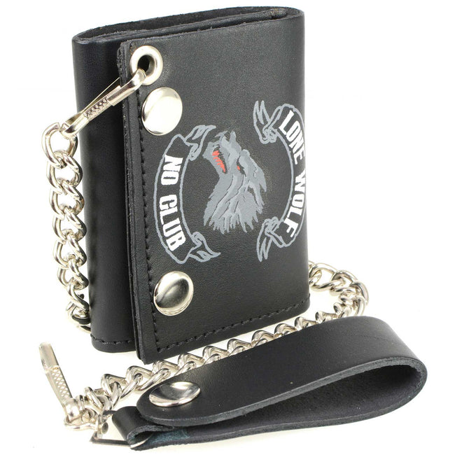Milwaukee Leather men's 4-inch leather Lone Wolf tri-fold wallet with anti-theft stainless steel chain on a man’s hand.
