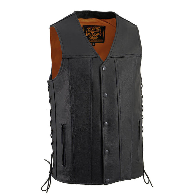 Milwaukee Leather men's black leather vest with V-neck, straight bottom, side laces, designed for motorcycle riders.
