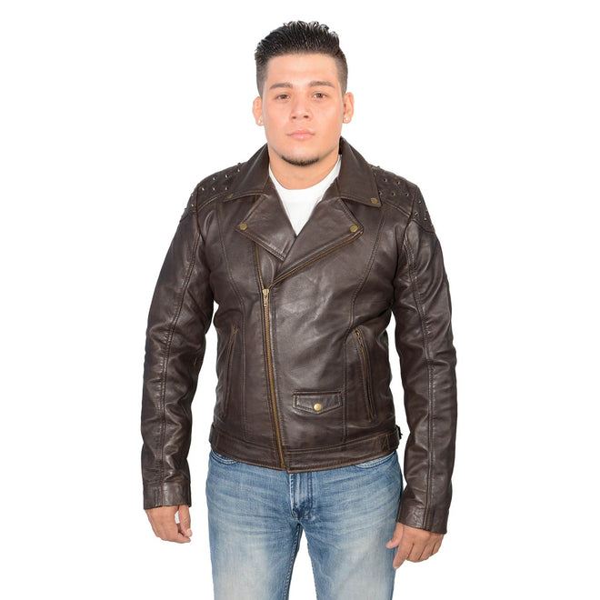 Milwaukee Leather men's brown studded motorcycle jacket with metal studs and a classic biker style.