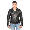Milwaukee Leather men's black studded motorcycle style jacket with silver hardware and classic design, suitable for motorcycle riders.