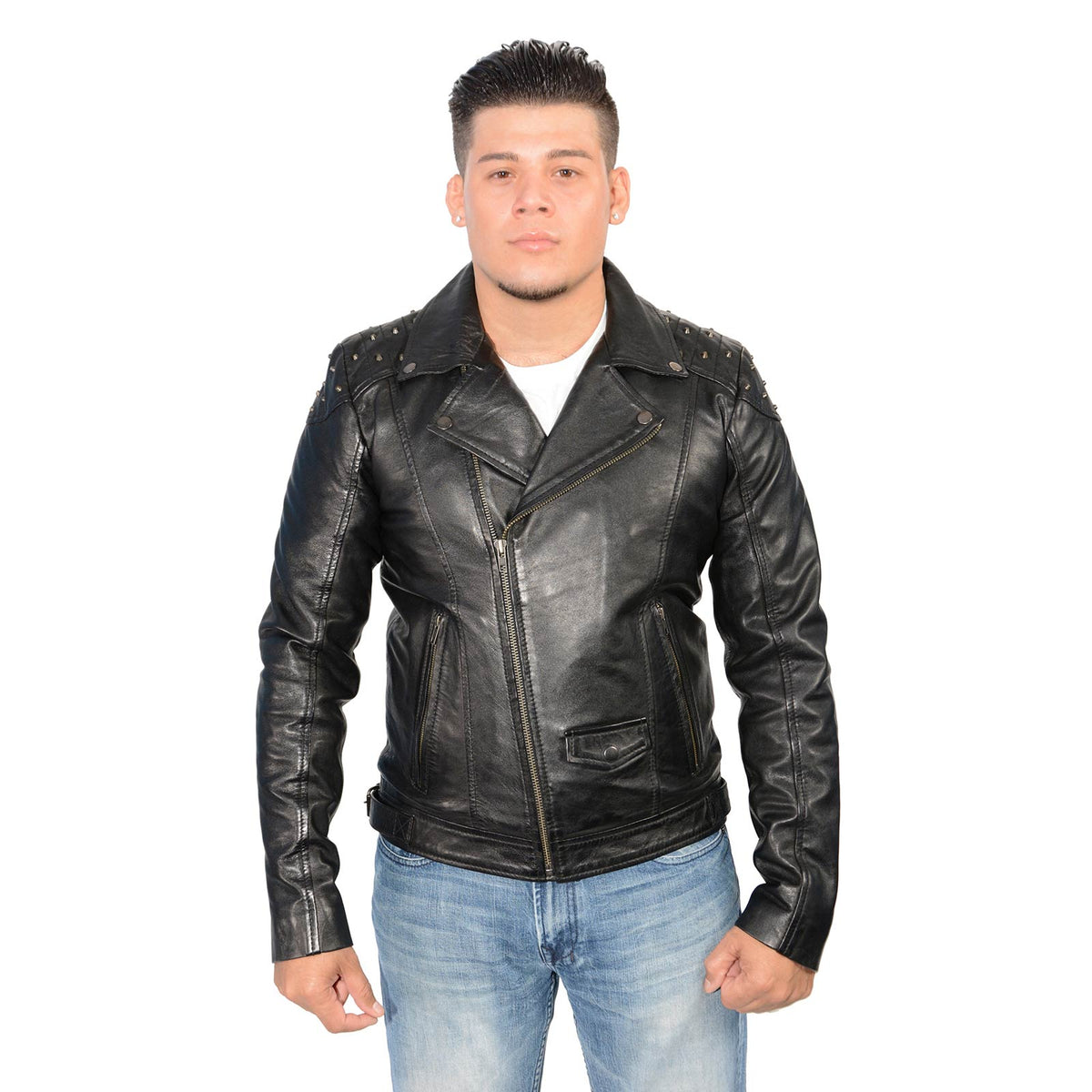 Milwaukee Leather men's black studded motorcycle style jacket with silver hardware and classic design, suitable for motorcycle riders.