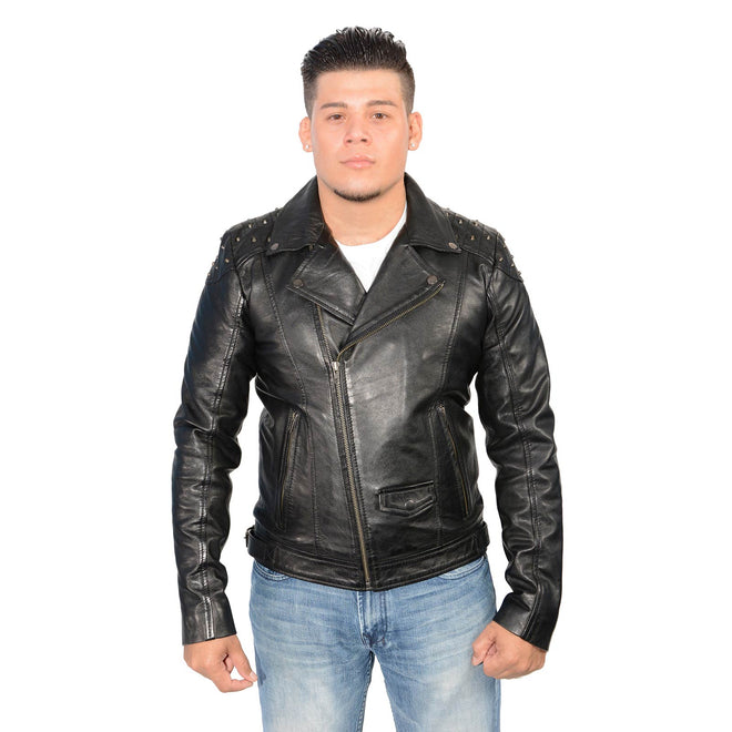 Milwaukee Leather men's black studded motorcycle style jacket with silver hardware and classic design, suitable for motorcycle riders.