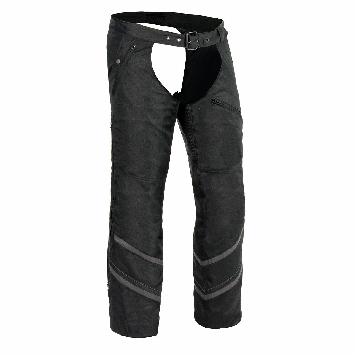 Milwaukee Leather men's black vented textile chaps with snap-out thermal liner, designed for riding comfort and protection.