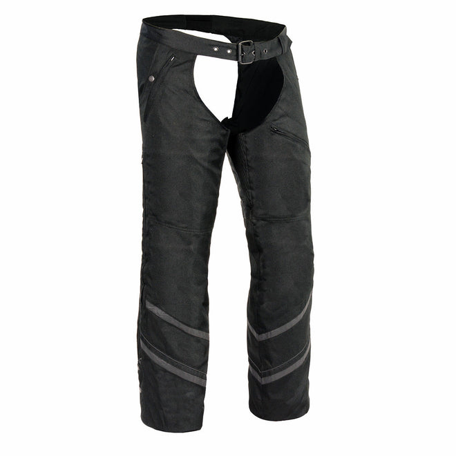 Milwaukee Leather men's black vented textile chaps with snap-out thermal liner, designed for riding comfort and protection.