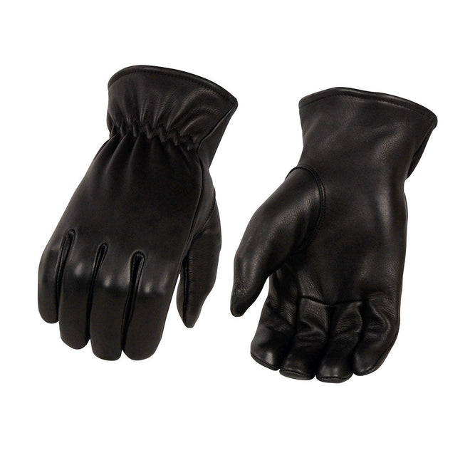 Milwaukee Leather unlined men's black deerskin motorcycle gloves with sinch wrist closure, showcasing detailed craftsmanship and fit.