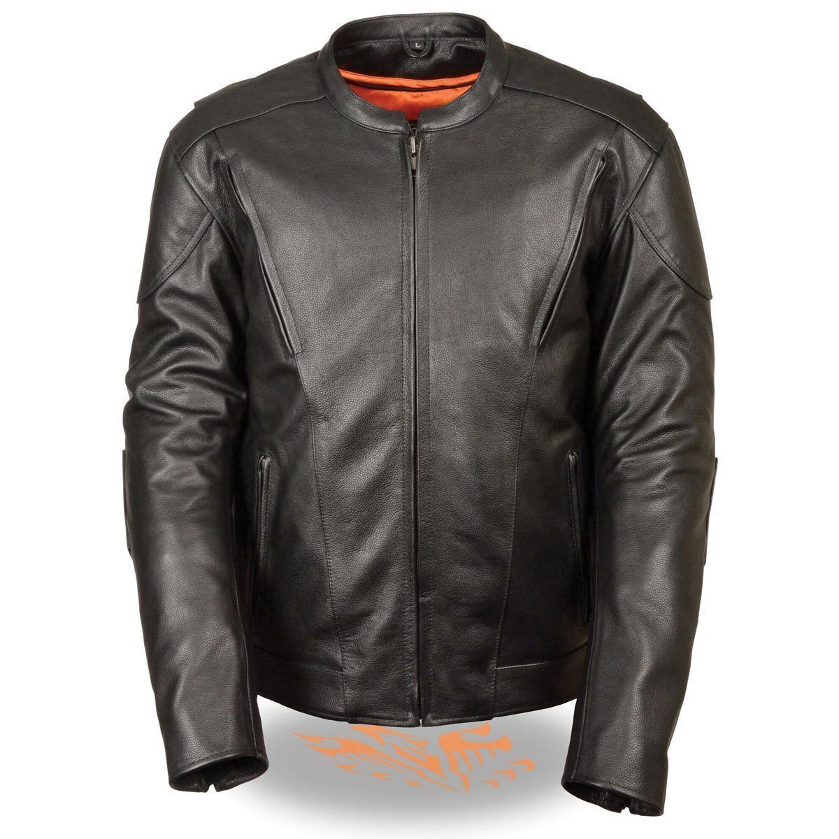 Milwaukee Leather men's vented black leather scooter jacket with kidney padding, featuring a stylish design and protective features.