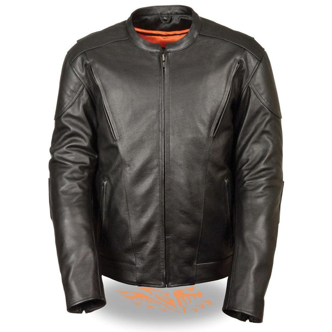 Milwaukee Leather men's vented black leather scooter jacket with kidney padding, featuring a stylish design and protective features.
