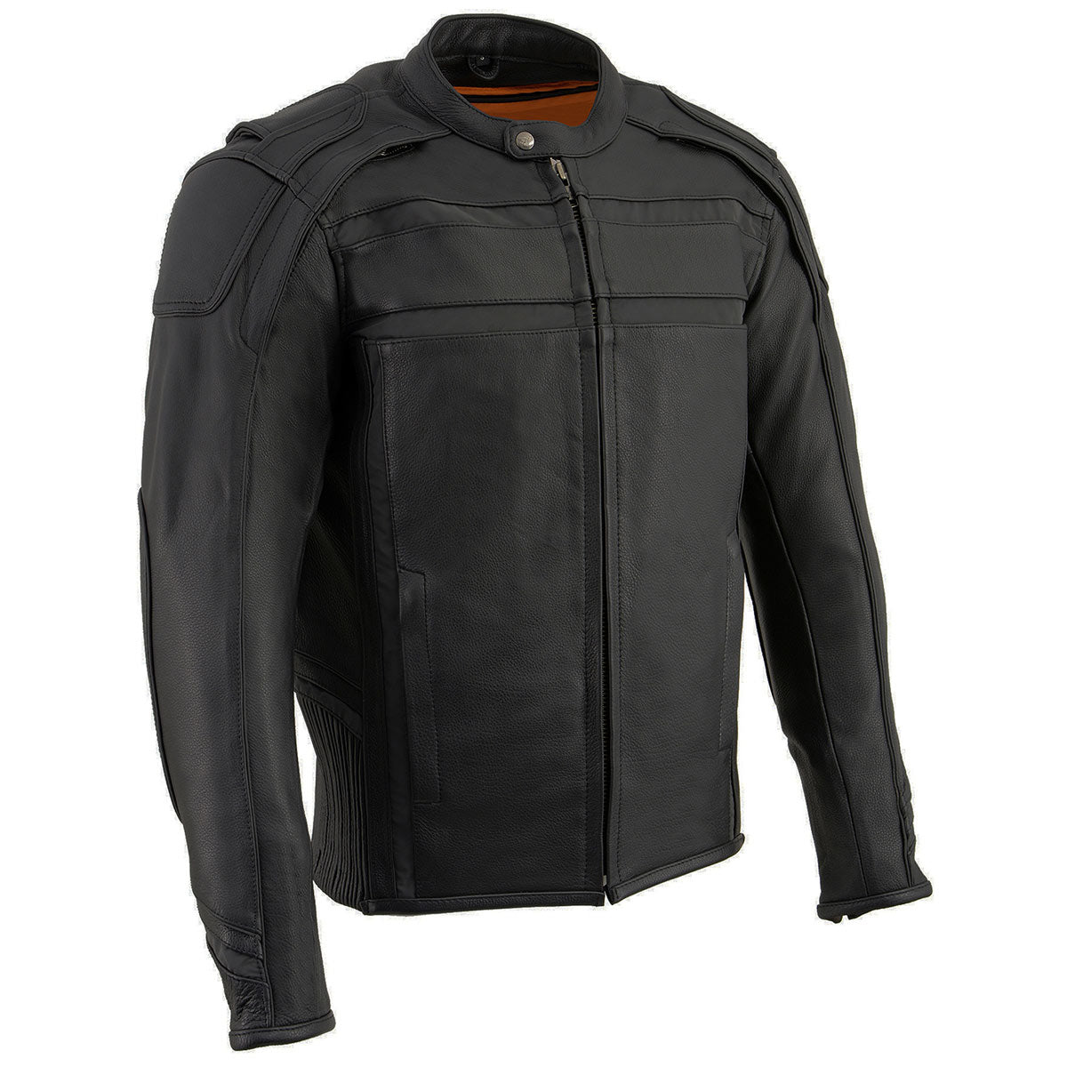 Milwaukee Leather men's black vented reflective leather jacket showing front view with vents and reflective details.