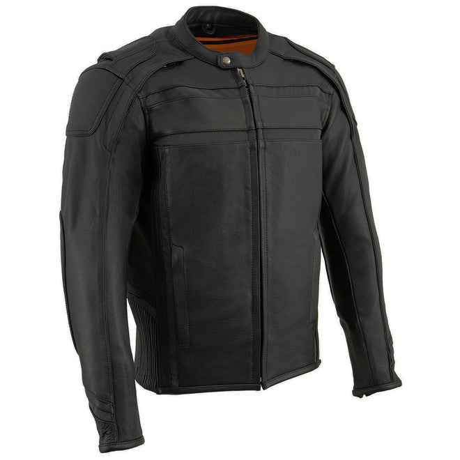 Milwaukee Leather men's black vented reflective leather jacket showing front view with vents and reflective details.