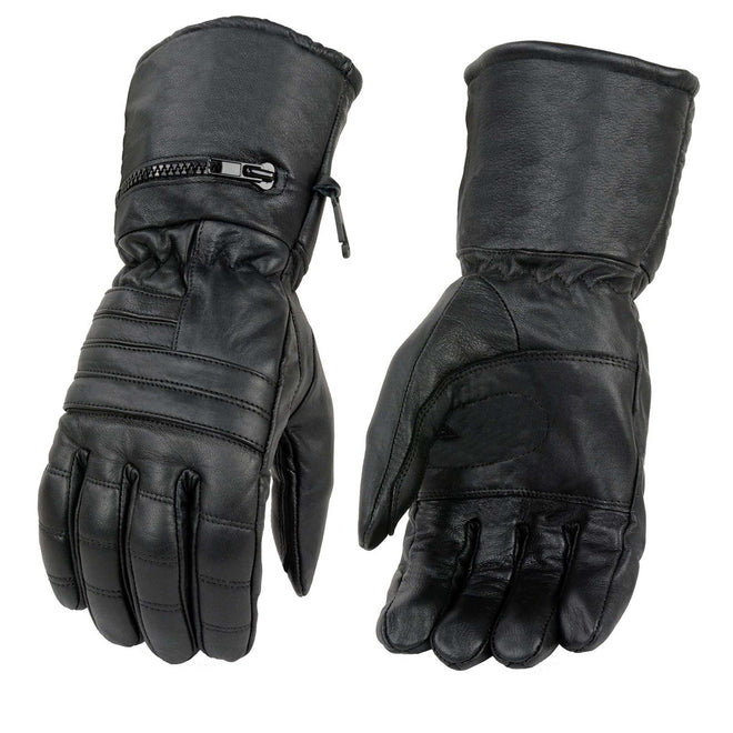 Milwaukee Leather men's black leather gauntlet gloves with warm lining, rain mitten, and pull-on closure for cold weather.