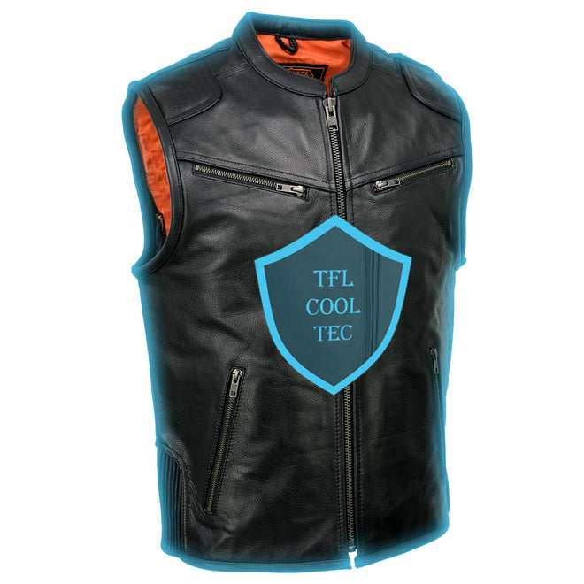 Milwaukee Leather men's black Cool-Tec leather motorcycle vest with front zipper and stand-up collar, designed for rider comfort and style.